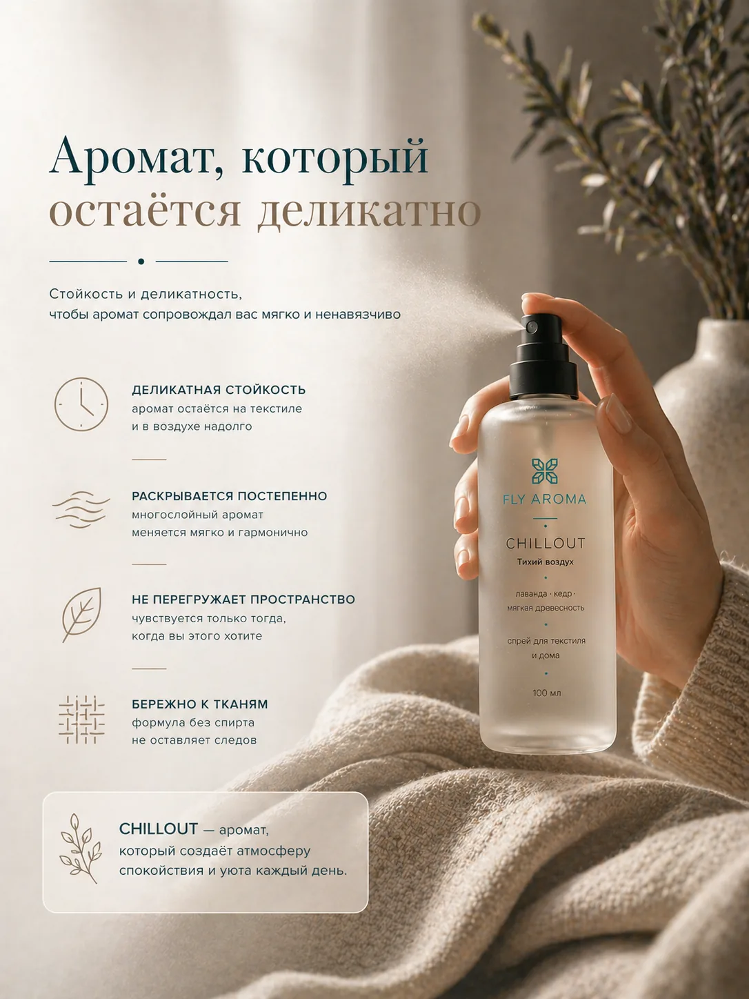 Fly Aroma Chillout — рука держит флакон room spray над текстилем